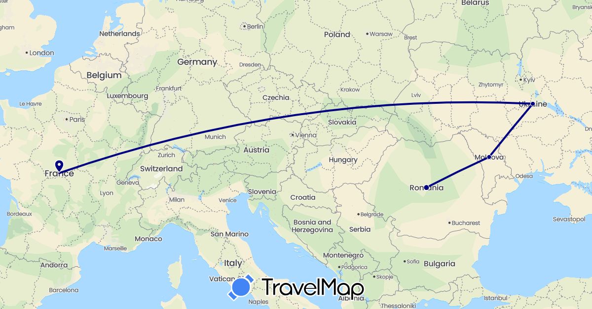 TravelMap itinerary: driving in France, Moldova, Romania, Ukraine (Europe)